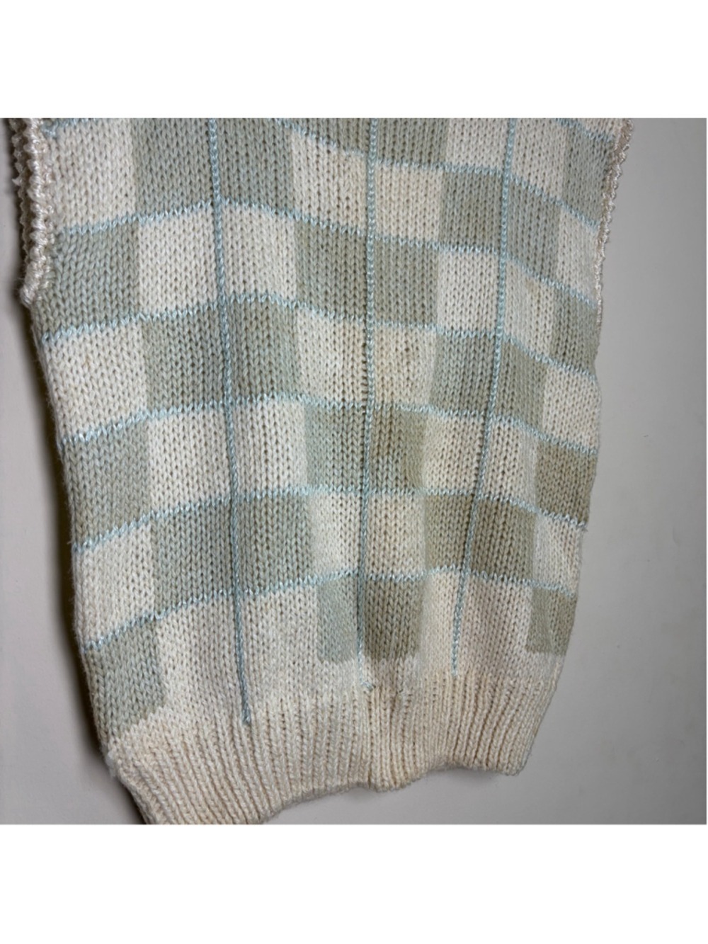Vintage Licorice Hand-Knit Checkered Sweater Vest Large Ramie Blend Pastel Sage - Picture 3 of 9
